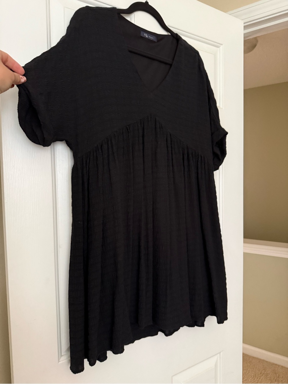 Black Textured V-Neck Mini Dress